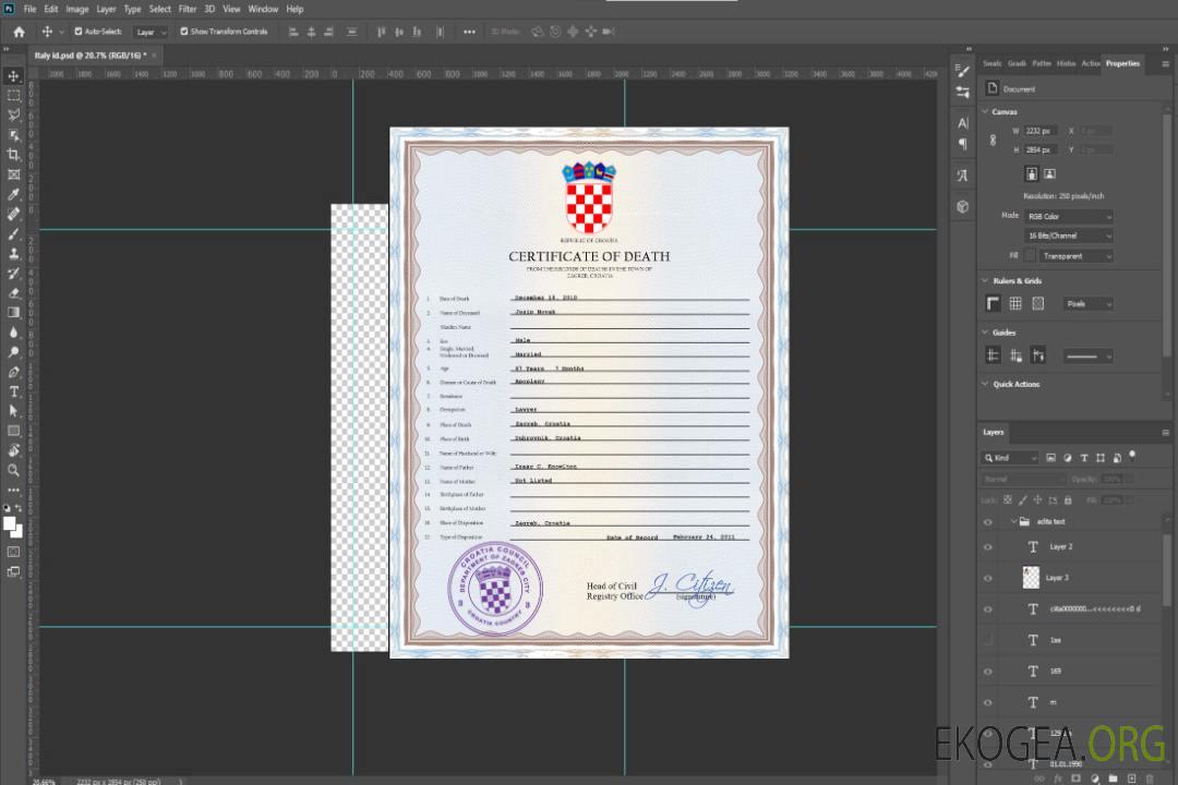 Modèle PSD de certificat de décès de Croatie template Modèle PSD de certificat de décès de Croatie template